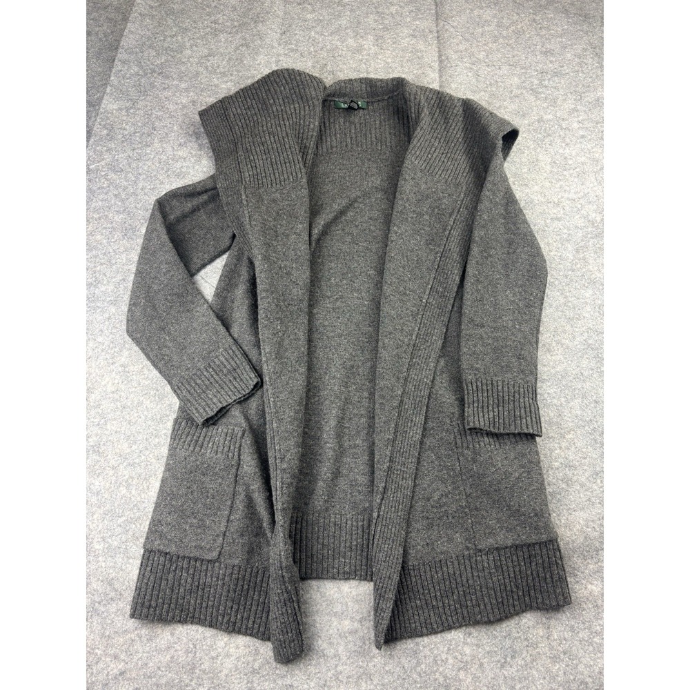 Lauren Ralph Lauren Women's S‎ Gray Long Open Front Cardigan 100% Lambswool Cozy